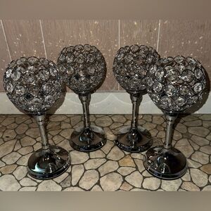 VINCIGANT Crystal Hurricane Candle Holder Silver Candlestick Set of 4